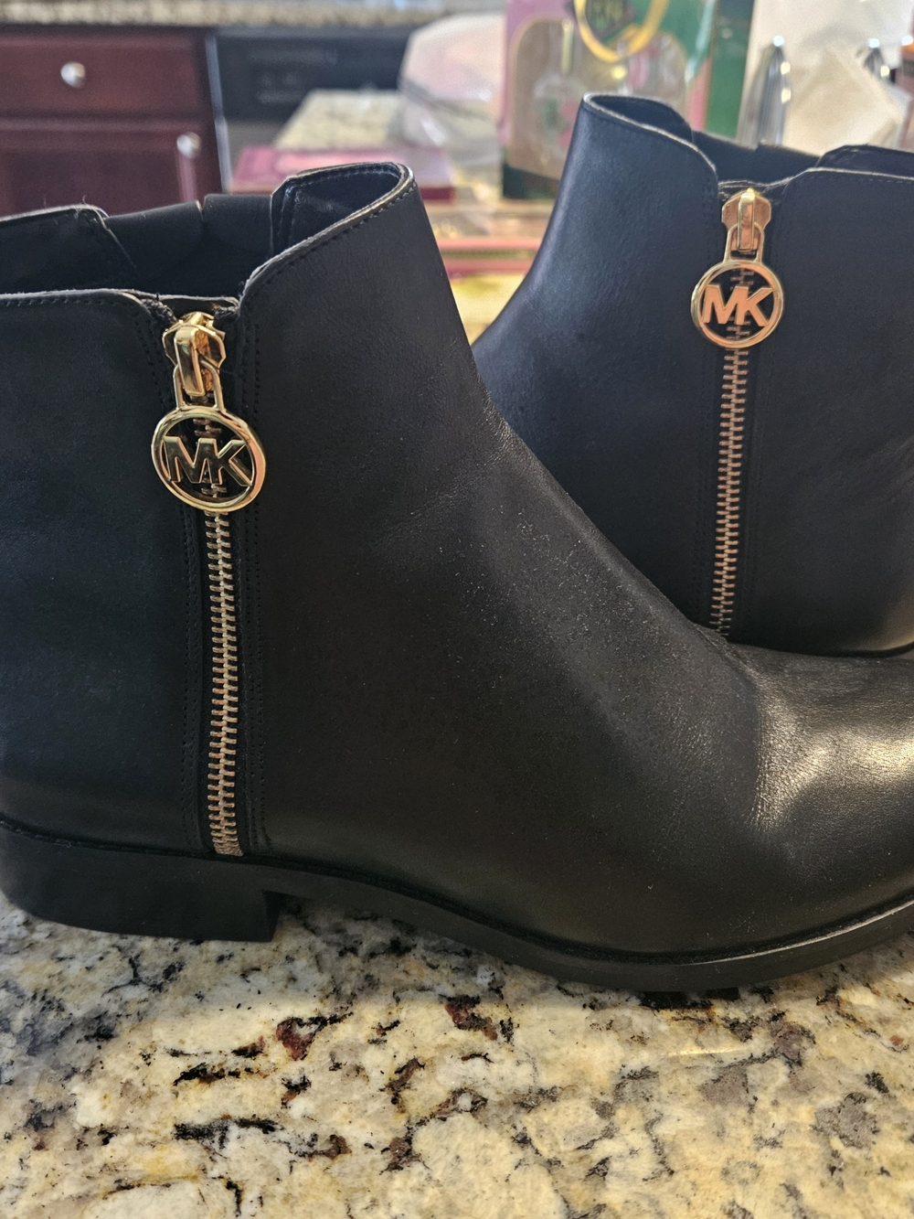 Michael Kors Black Leather Ankle Boots with Gold MK Zipper